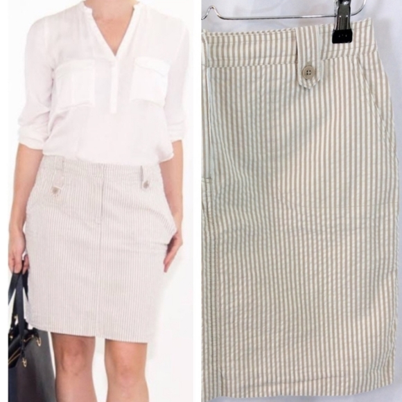 Sandro Dresses & Skirts - Sandro Seersucker Pencil Skirt Pockets Beige White Striped Cotton Preppy Work 12